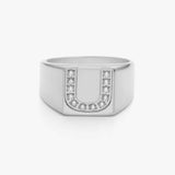 Crystal Letter Square Signet Ring, 925 Silver