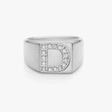 Crystal Letter Square Signet Ring, 925 Silver