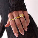 Crystal Letter Square Signet Ring 18K Gold Plated