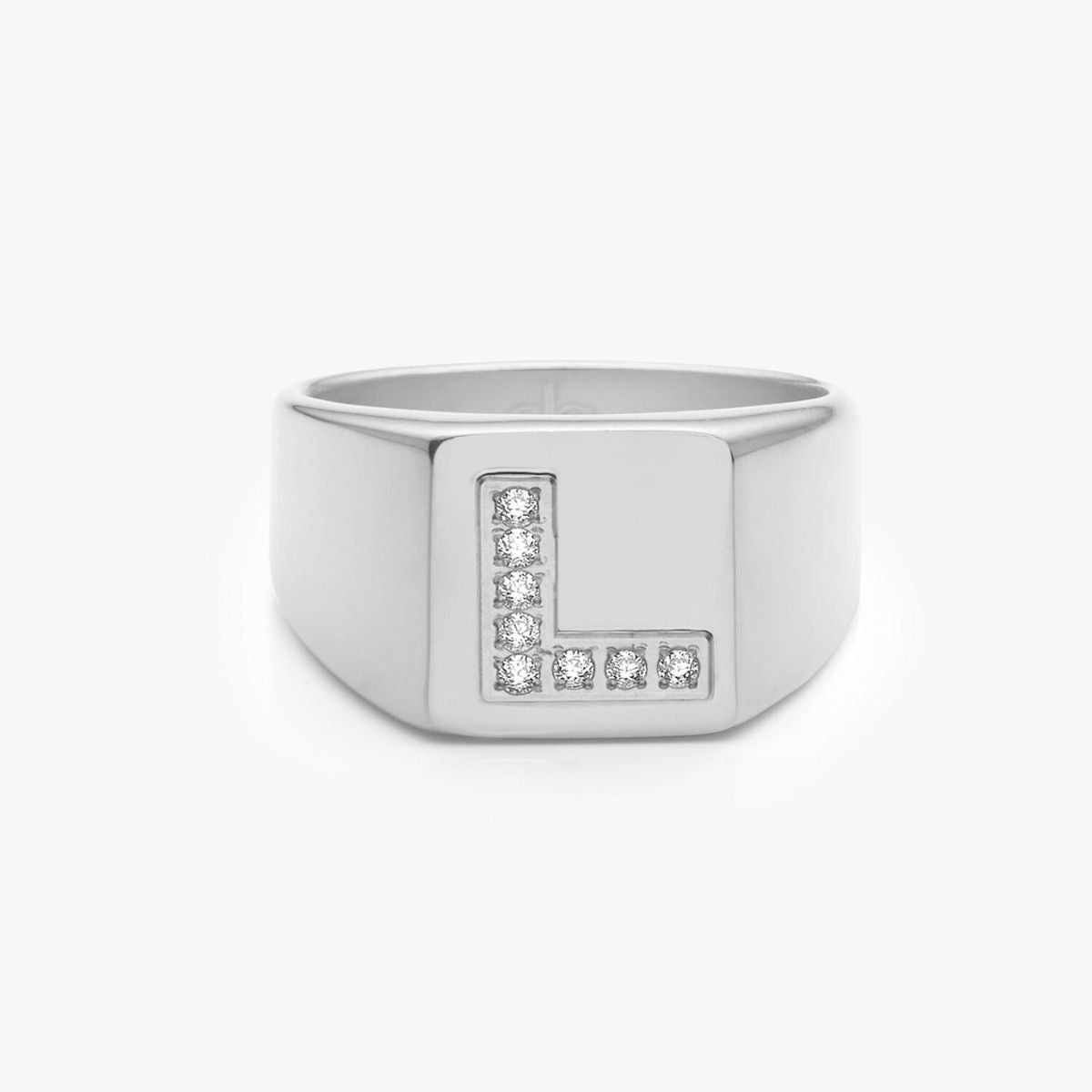 Crystal Letter Square Signet Ring, 925 Silver