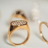 Oval Pavé Crystal Signet Ring, 18K Gold Plated