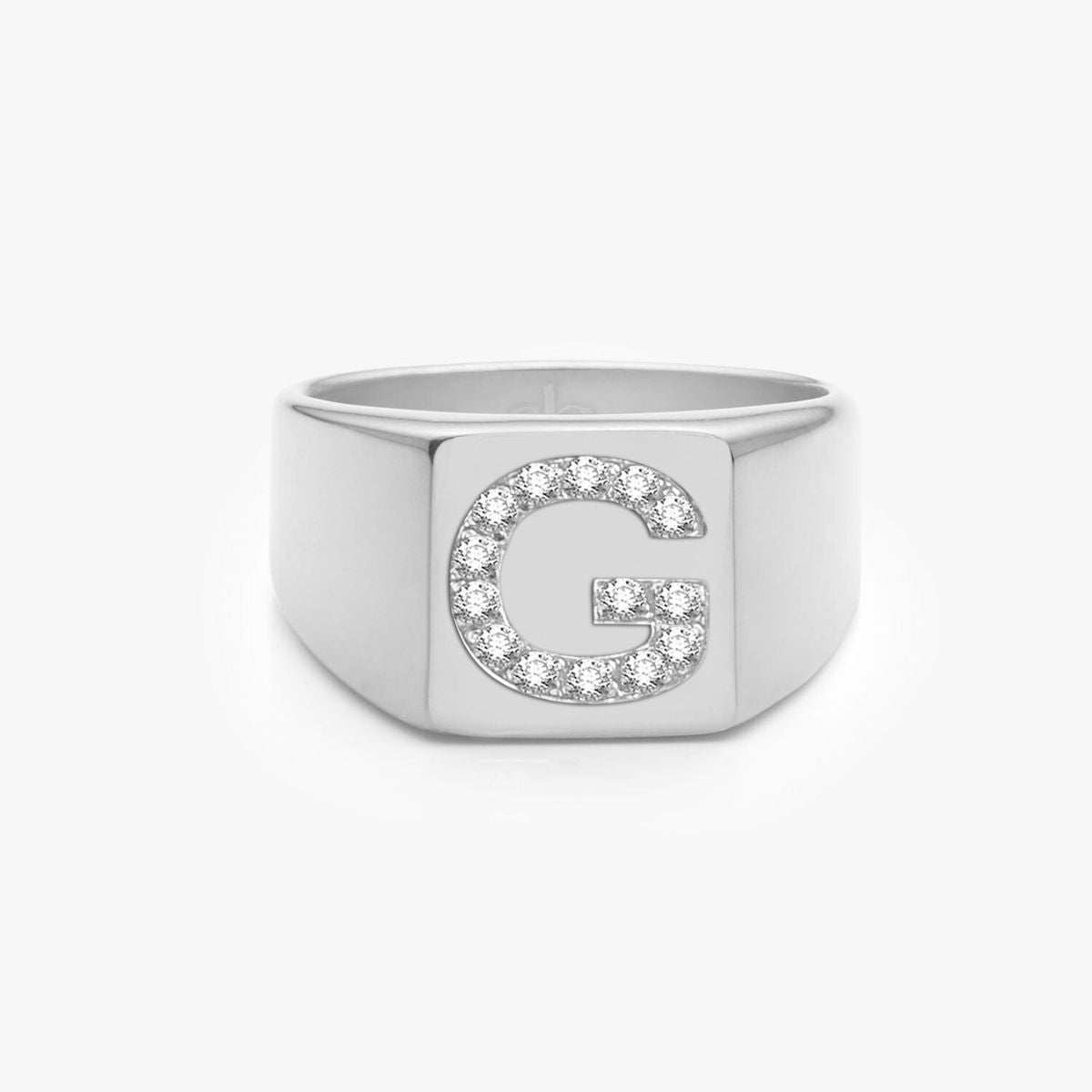Crystal Letter Square Signet Ring, 925 Silver