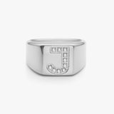 Crystal Letter Square Signet Ring, 925 Silver