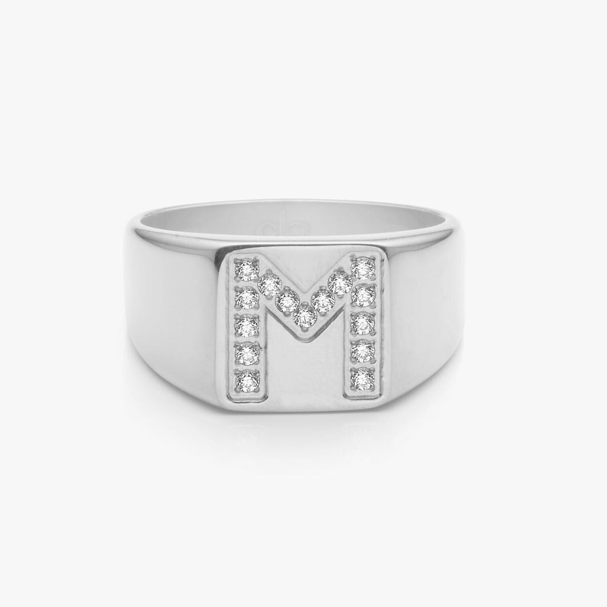 Crystal Letter Square Signet Ring, 925 Silver