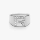 Crystal Letter Square Signet Ring, 925 Silver