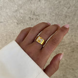 Crystal Letter Square Signet Ring 18K Gold Plated