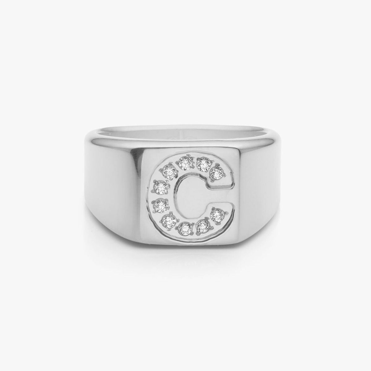 Crystal Letter Square Signet Ring, 925 Silver